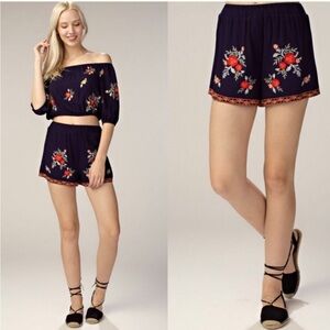 Urban Outfitters Honey Belle High Waisted Boho Navy Floral Embroidered Shorts